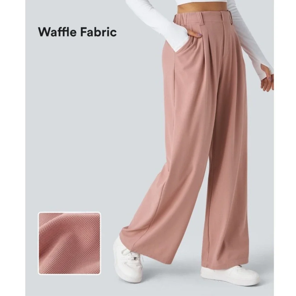 Halara Waffle Knit‎ High Waisted Wide Leg Pleated Pants Dusty Rose Pink Medium P